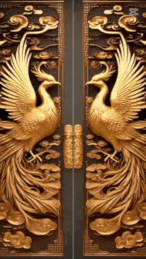 a pair of doors with a sculpture of two birds on them