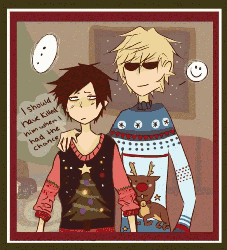 a drawing of two anime characters with one saying i should have killed him when he had the chance