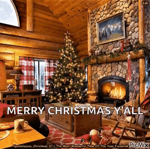 a living room with a christmas tree and a fireplace and the words merry christmas y all
