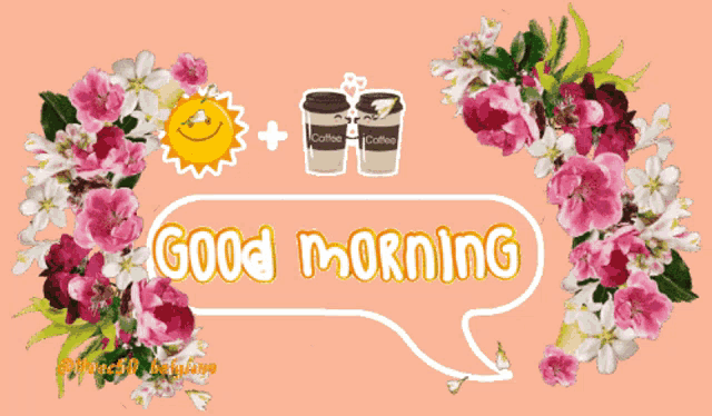 two cups of coffee are surrounded by pink flowers and a smiling sun