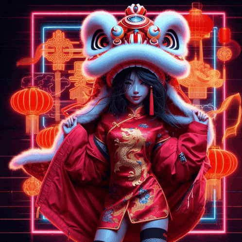 a woman in a red dress is wearing a lion head costume