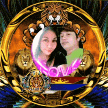 a picture of a man and a woman surrounded by lions