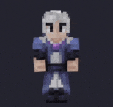 a minecraft character with white hair and a helmet is standing on a dark background .