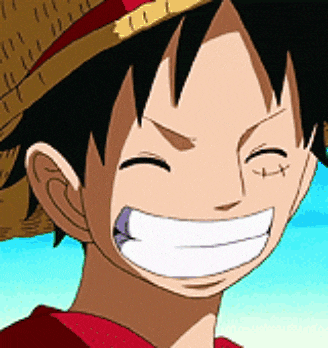 luffy from one piece is smiling with his eyes closed and wearing a straw hat .