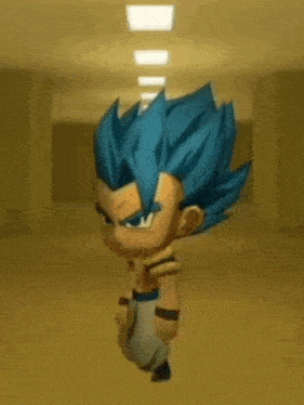 a cartoon character with blue hair is standing in a hallway in a video game .