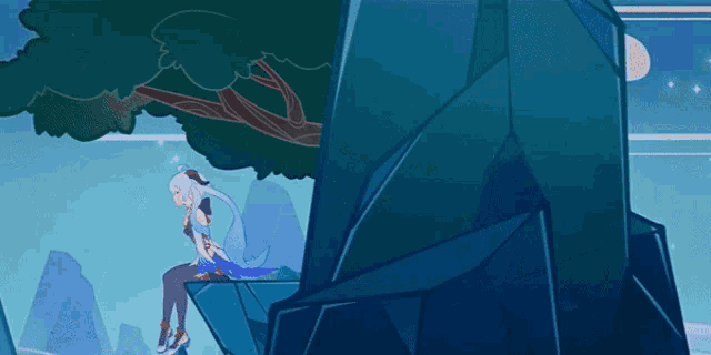 a cartoon drawing of a girl sitting on a rock with a tree in the background