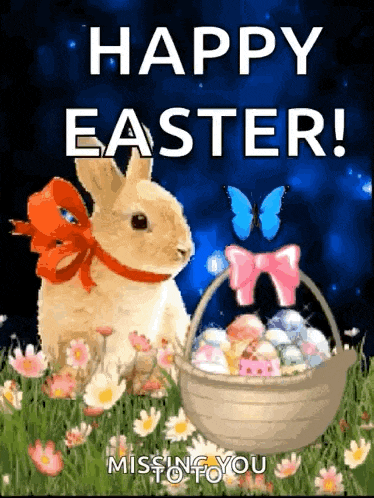 a happy easter greeting card with a rabbit and a basket of easter eggs