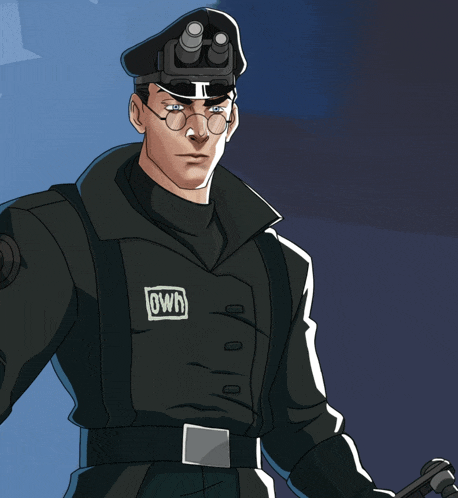 a cartoon drawing of a man in a black uniform with the word own on his chest
