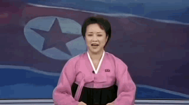 a woman in a pink dress is standing in front of a flag ..