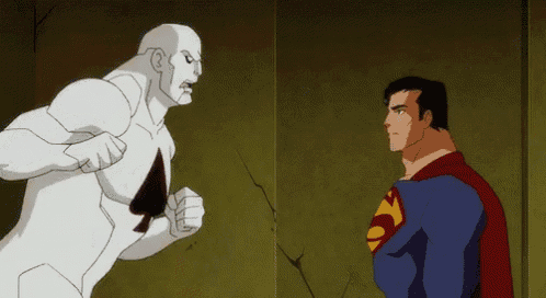 superman is standing next to a white superhero with a spade in his chest