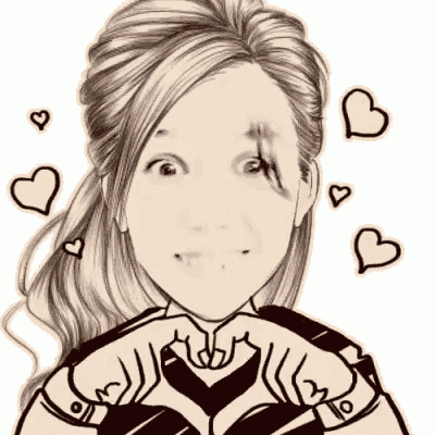 a black and white drawing of a woman making a heart with her hands surrounded by hearts .