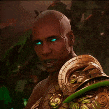 a bald man with blue eyes and gold armor looks at the camera