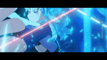 a drawing of a girl with blue hair holding a red light beam