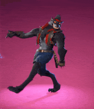 a werewolf in a cowboy hat and shorts is walking on a pink background