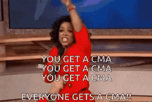 a woman in a red dress is dancing with the words everyone gets a cma on the bottom