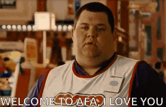 a fat man in a basketball jersey is standing in a store and saying welcome to afa i love you .
