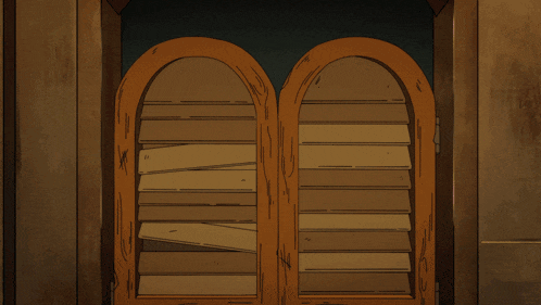 two cartoon characters are standing next to each other in front of a wooden door