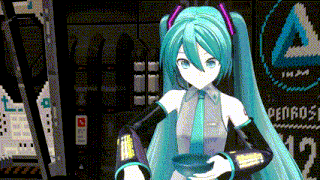 hatsune miku is holding a bowl in front of a sign that says openrose