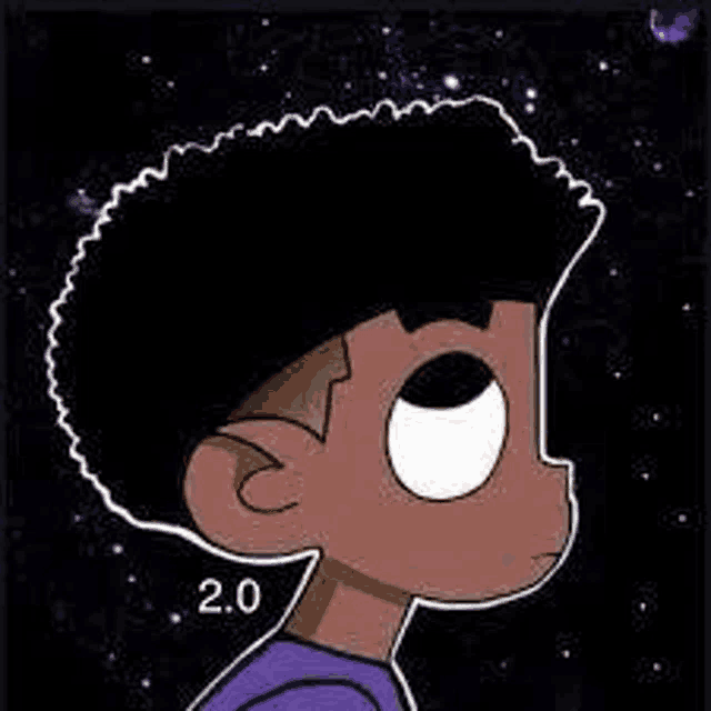 a cartoon of a boy with a purple shirt and a black haircut .
