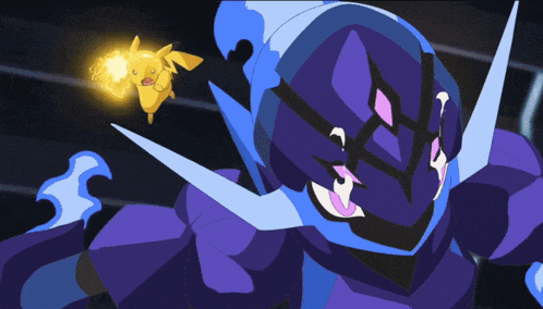 a yellow pikachu is standing next to a purple and blue monster