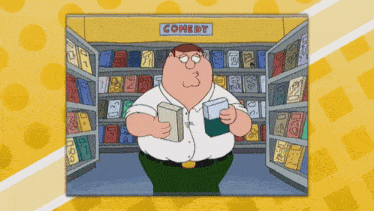 a cartoon of peter griffin in a comedy section of a store