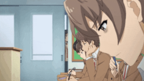 a group of anime characters are sitting in a classroom looking at something