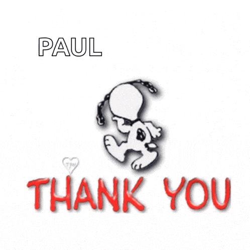 a picture of snoopy saying thank you with the name paul
