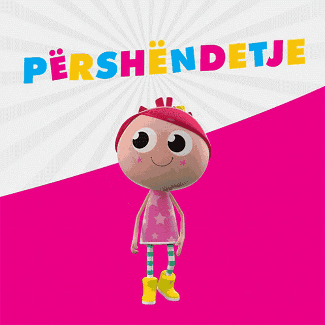 a cartoon girl is standing in front of a sign that says pershendetje