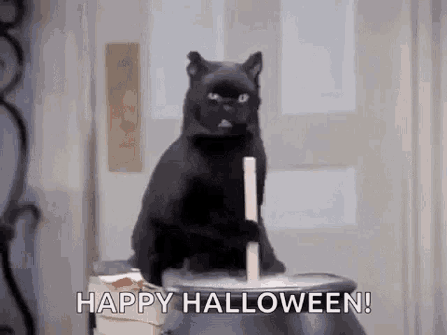 a black cat is sitting on top of a cauldron with a stick sticking out of it .
