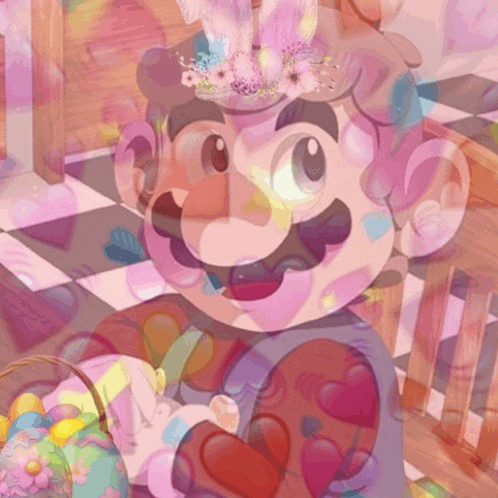 a cartoon character with a flower crown on his head holding an easter egg