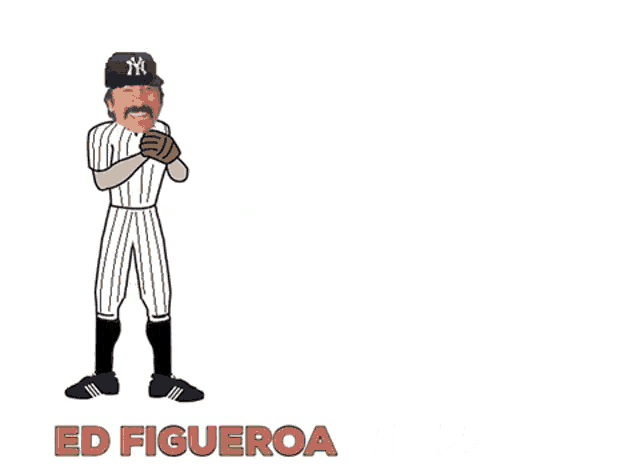 a cartoon of ed figueroa throwing a baseball with ny on his hat