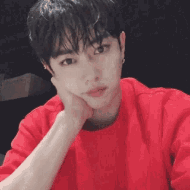 a young man in a red t-shirt is taking a selfie with his hand on his chin .