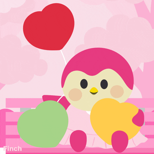 a pink penguin holding a heart with the words love you behind it