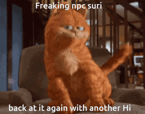 a picture of garfield with the caption freaking npc suri