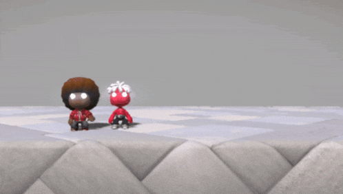 a cartoon character with a red head is standing next to another character