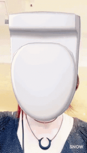 a woman wearing a sweater and a necklace has a toilet seat in front of her face