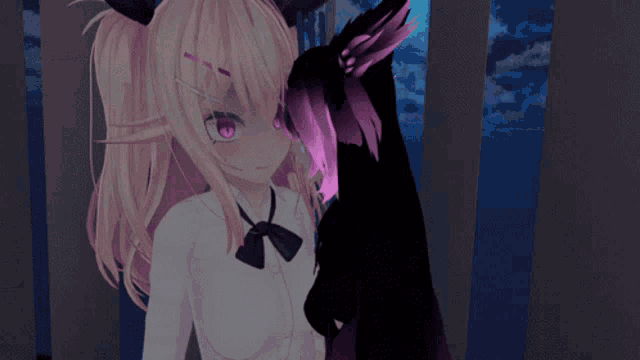 a girl with pink hair is standing next to a black animal
