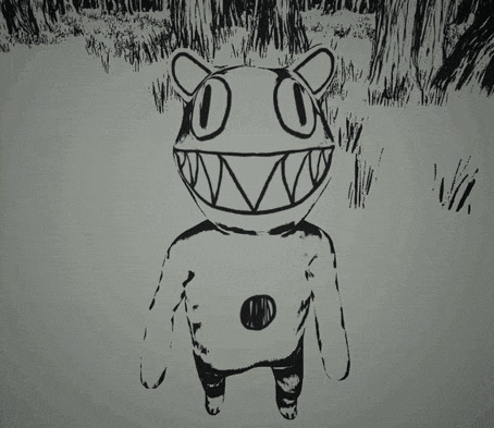 a black and white drawing of a teddy bear with a hole in its chest