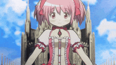 a girl with pink hair is standing in front of a building with a cross on her chest