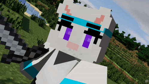 a minecraft character with purple eyes and a blue headband holds a sword