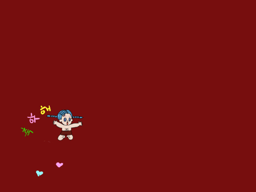 a cartoon drawing of a boy with blue hair and hearts surrounding him with a red background