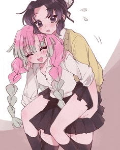 a couple of anime girls are standing next to each other and one of them is carrying the other on her back .