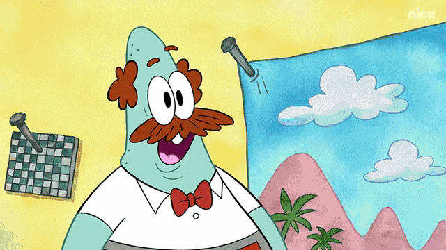 a cartoon character from nickelodeon is standing in front of a painting of clouds