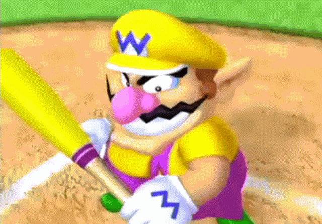 a cartoon character wearing a yellow hat and holding a baseball bat .