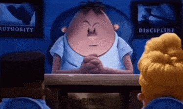 a cartoon character is sitting at a desk in front of a sign that says discipline
