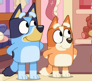 two cartoon dogs are standing next to each other and smiling