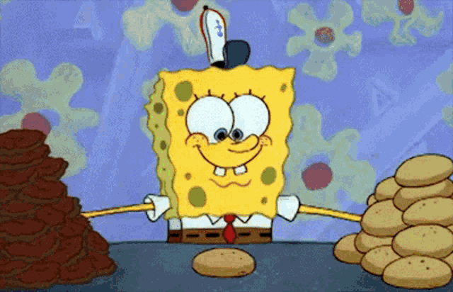 a cartoon of spongebob standing in front of a stack of cookies