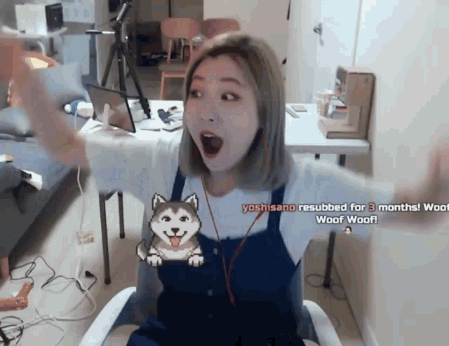 a woman is sitting in front of a screen that says " woof woof "