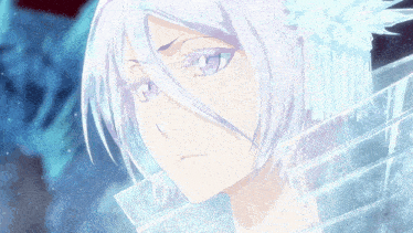 a girl with white hair and purple eyes is wearing a flower in her hair