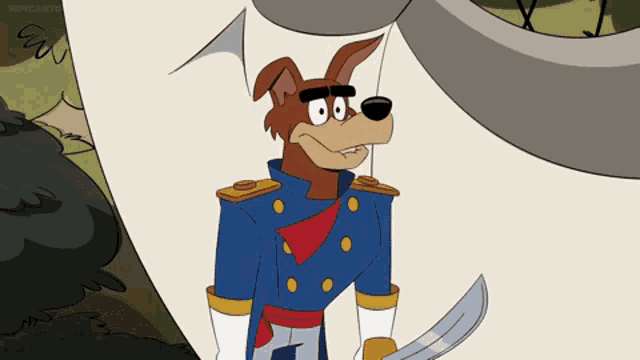 a cartoon dog is holding a sword and wearing a blue jacket
